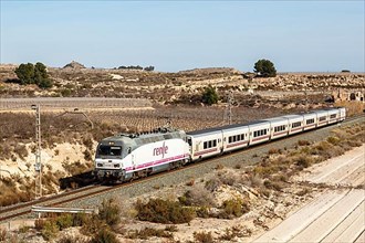 Talgo train of the RENFE in the Sierra del Cid near Alicante
