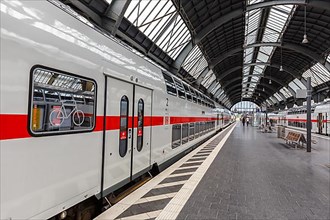 InterCity IC train of the type Twindexx Vario by Bombardier of DB Deutsche Bahn at Karlsruhe main station