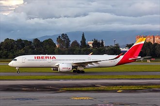An Iberia Airbus A350-900 aircraft with registration EC-MXV at Bogota Airport