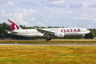 A Qatar Cargo Boeing 777-F aircraft with registration A7-BFY at Oslo Gardermoen Airport
