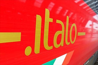 Italo logo on the Nuovo Trasporto Viaggiatori NTV high-speed train at Milano Centrale station in Milan