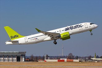 An Air Baltic Airbus A220-300 with registration number YL-CSN at Stuttgart Airport