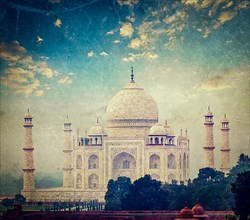 Vintage retro hipster style travel image of Taj Mahal on sunrise sunset