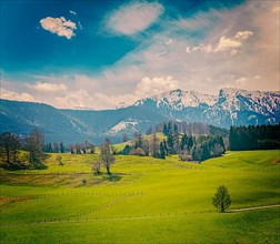 Vintage retro hipster style travel image of German idyllic pastoral countryside in spring with Alps in background. Bavaria