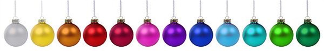 Christmas colourful Christmas baubles Advent banner decoration in a row clutter against a white background