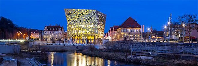 Forum and River Rems at Night Holiday Travel Panorama in Schwaebisch Gmuend