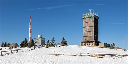 Summit of the mountain Brocken in the Harz with snow in winter Panorama at the Brocken