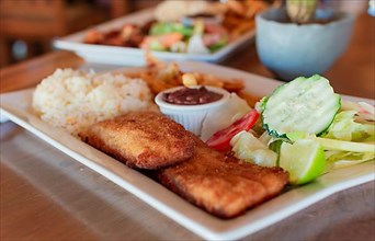 Gourmet food fried fish fillet with salad rice served on wooden table
