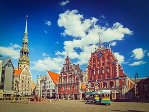 Vintage retro hipster style travel image of Riga Town Hall Square