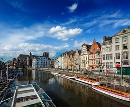 Travel Belgium medieval european city town background with canal. Koperlei street