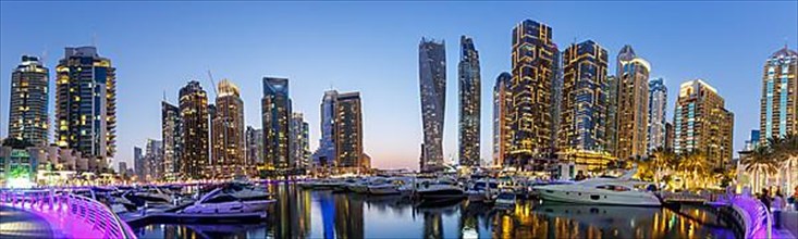Dubai Marina Yacht Harbour Skyline Architecture Panorama Holiday by Night Panorama in Dubai