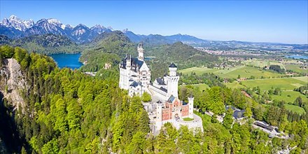 Neuschwanstein Castle Aerial View with Alps Landscape Travel Panorama Bavaria in Fuessen