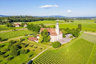 Cistercian monastery at Lake Constance baroque pilgrimage church aerial view in Birnau
