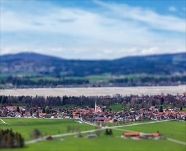 German countryside and village with tilt shift toy effect shallow depth of field. Bavaria