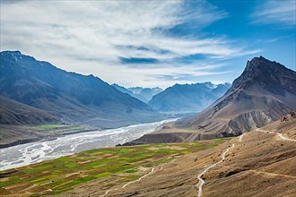 View of Spiti valley and Spiti river in Himalayas. Spiti valley