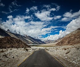 Road in Himalayan landscape in Nubra valley in Himalayas. Ladakh