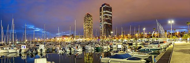 Marina Yacht Port Olimpic city in the evening panorama in Barcelona