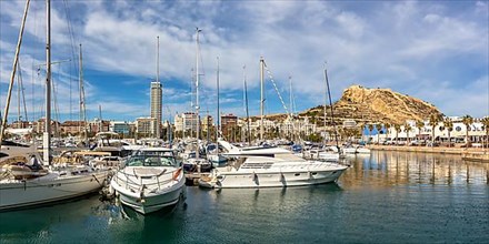 Alicante Port dAlacant Marina with boats and view of Castillo Castle holiday travel city panorama in Alicante