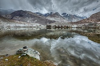 Sacred mountain lake Lohan Tso in Himalayas. Nubra valley