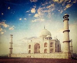 Vintage retro hipster style travel image of Taj Mahal on sunrise. Indian Symbol