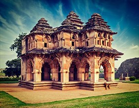 Vintage retro effect filtered hipster style travel image of Lotus Mahal palace ruins. Royal Centre. Hampi