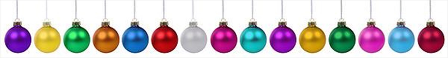 Christmas colourful Christmas baubles decoration colours in a row clutter against a white background