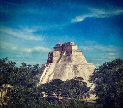 Vintage retro hipster style travel image of anicent mayan pyramid