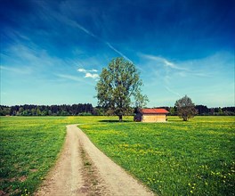 Vintage retro effect filtered hipster style image of rural road in summer meadow with wooden shed. Bavaria