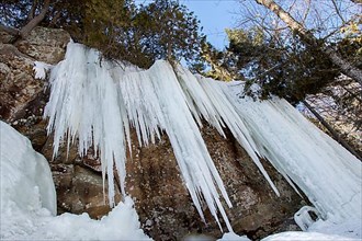 Ice hanging from a cliff in winter