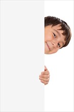 Child boy looking at advertisement marketing blank sign with text free space copyspace exempted isolated in Stuttgart