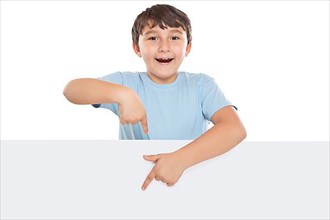 Child Boy Pointing to Advertising Marketing Blank Sign with Text Free Space Copyspace isolated in Stuttgart
