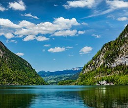 Hallstatter See mountain lake in Austria. Salzkammergut region