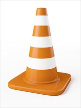 Orange highway traffic construction cone with white stripes isolated on white