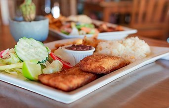 Close up of fried fish fillet with rice and salad served on table with copy space. Gourmet food fried fish fillet with salad rice served on wooden table