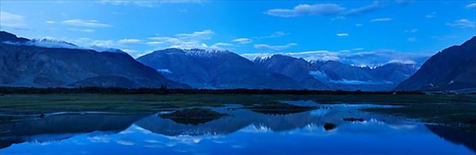 Panorama of Nubra valley in Himalayas after sunset in twilight. Ladakh