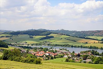 View of the village of Heringhausen and Lake Diemel