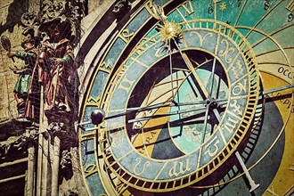 Vintage retro hipster style travel image of astronomical clock on Town Hall. Prague
