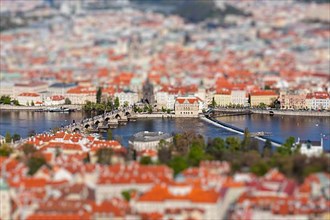 Aerial view of Charles Bridge over Vltava river and Old city from Petrin hill Observation Tower with tilt shift toy effect shallow depth of field. Prague