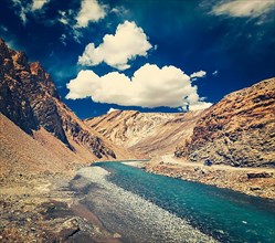 Vintage retro effect filtered hipster style travel image of Himalayan landscape in Hiamalayas near Baralacha La pass. Himachal Pradesh