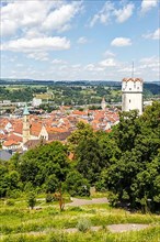 View of town from above with Mehlsack Tower and old town in Ravensburg