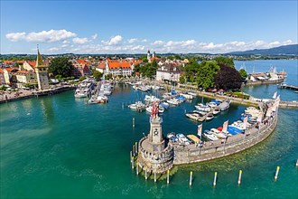City on Lake Constance marina harbour travel from above in Lindau