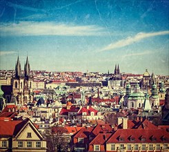 Vintage retro hipster style travel image of aerial view of Prague