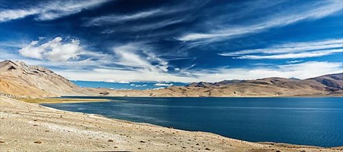 Panorama of Tso Moriri lake in Himalayas