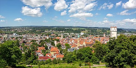 View of town from above with Mehlsack Tower and Old Town Panorama in Ravensburg