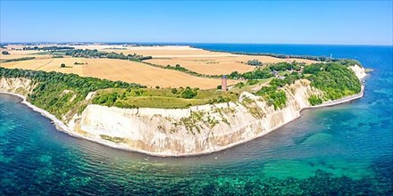 Aerial view of Cape Arkona on the island of Ruegen at the Baltic Sea with lighthouse and chalk cliff panorama in Cape Arkona
