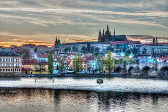HDR image of view of Charles bridge over Vltava river and Gradchany