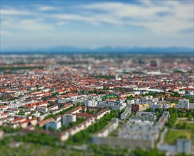 Aerial view of Munich from Olympiaturm Olympic Tower. Munich