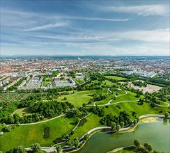 Aerial view of Olympiapark and Munich from Olympiaturm