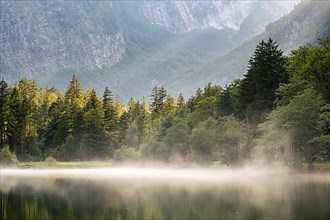 Foggy atmosphere at the Bluntausee lake in the Bluntautal valley