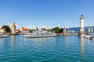 City on Lake Constance Marina Harbour with Ship Travel in Lindau